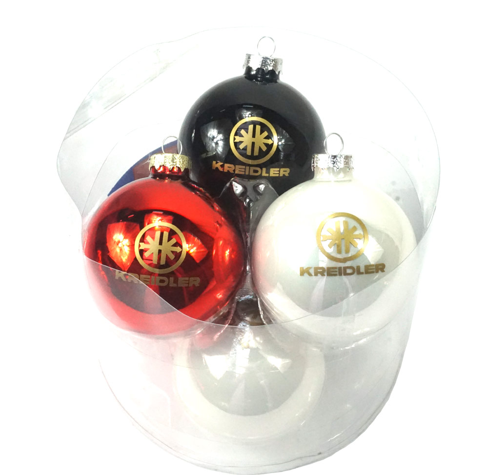 KREIDLER Set 6 kerstballen Kreidler wit - rood - zwart met logo