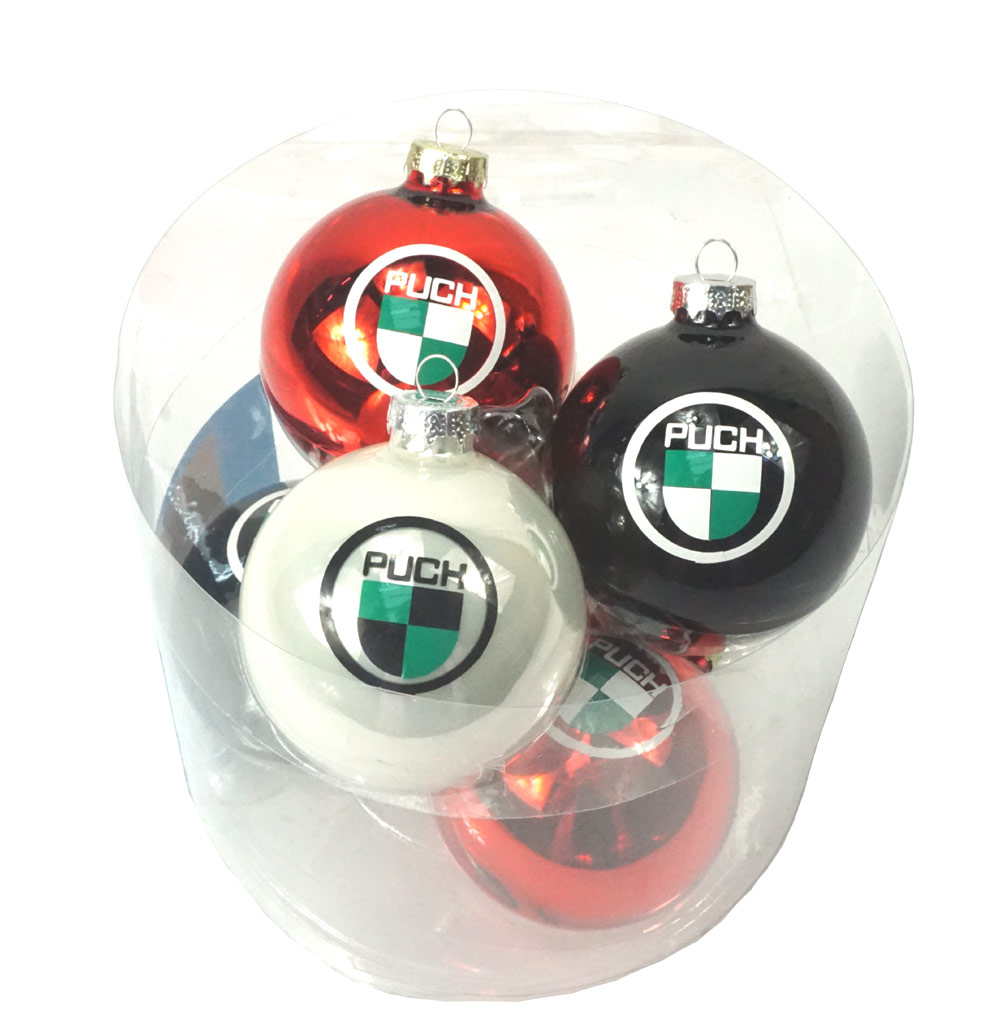 PUCH Set 6 kerstballen Puch wit - zwart - rood met logo
