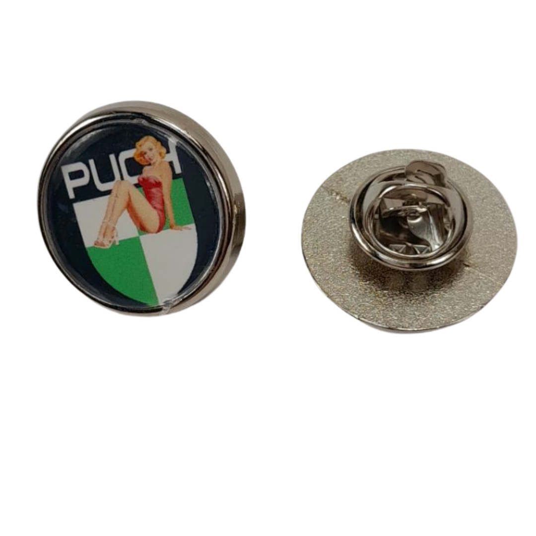 PUCH MAXI MS MONZA  UNIVERSEEL Pin Speld Button 2cm met logo en pinup girl